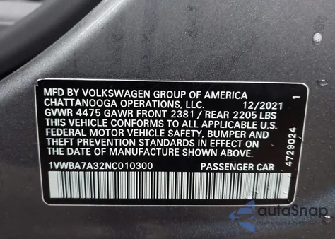 2022 Volkswagen Passat 2.0T Limited Edition z USA, uszkodzony, nr VIN 1VWBA7A32NC010300